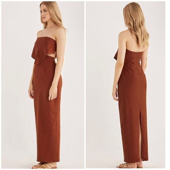 Rumer The Label x Revolve Chocolate Linen Blend Resortwear Roam Bandana Maxi - Picture 1 of 12